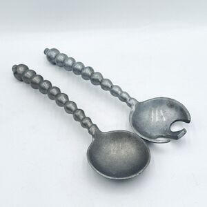 Pewter Metal Silver Tone Salad Servers Silverware Bubble Bead Curved Handles